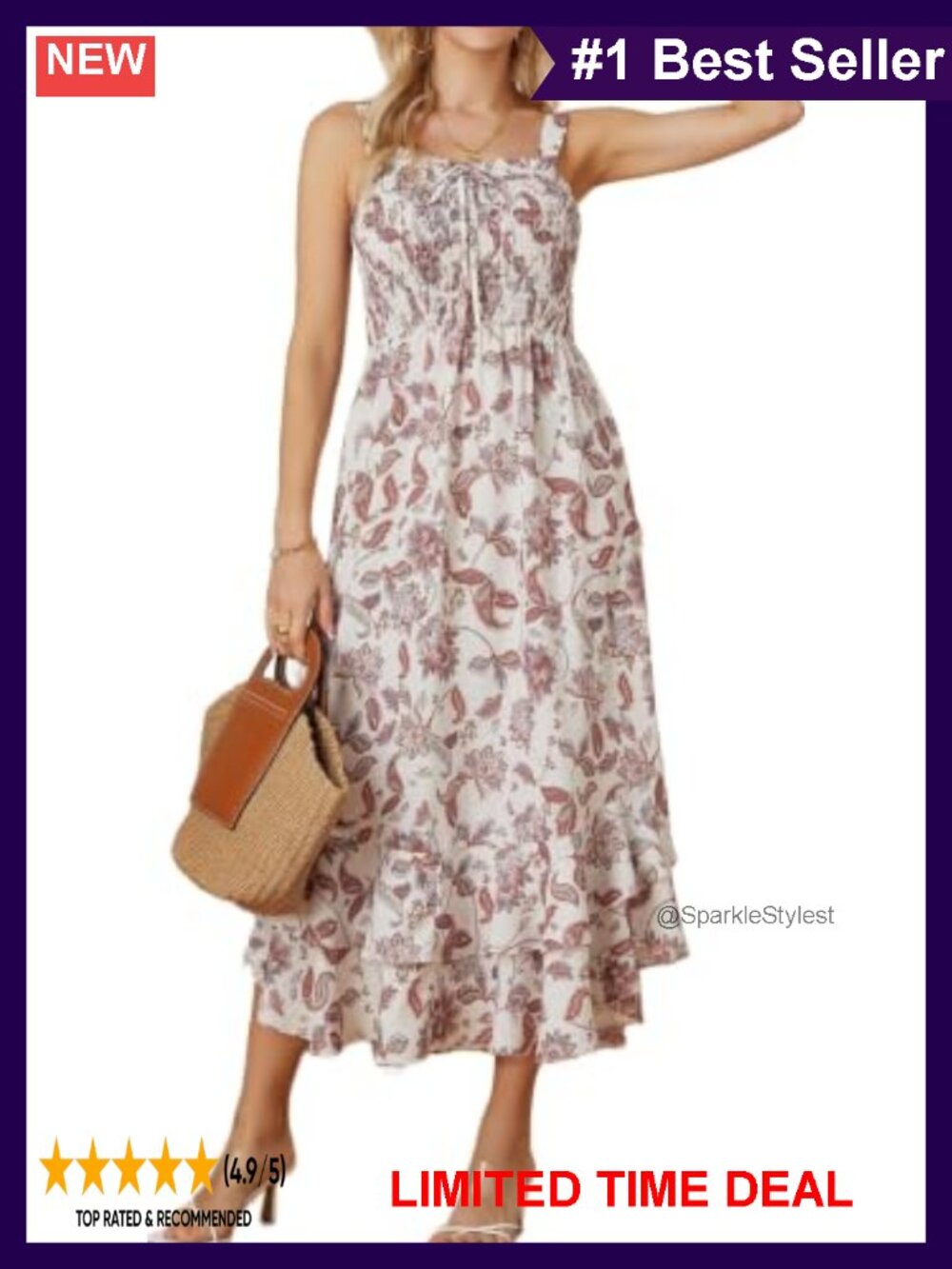 Floral Boho Strappy Maxi Dress Smocked Open Back Tiered Ruffle A-Line